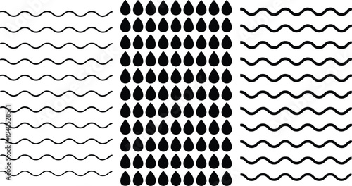 Rectangular grid of black teardrop shapes on wavy lines background