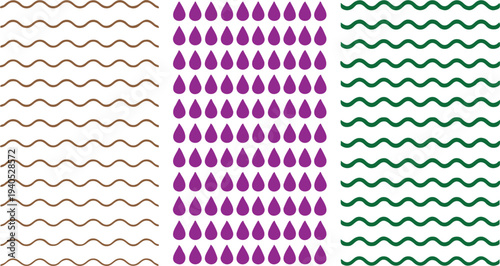 Purple teardrop shapes between wavy brown and green lines