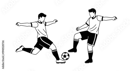Two Young Male Soccer Players Kicking and Defending Football, Dynamic Sports Action, Isolated White Background