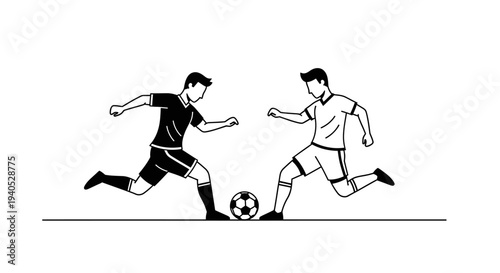 Two Young Male Soccer Players Dribbling and Defending with Football, Competitive Sports Action, Isolated White Background