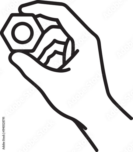 Human hand holding small mechanical nut outline icon representing fine motor skill motility training and sensory development