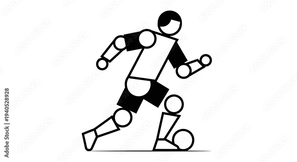 Fototapeta premium Abstract geometric robot or player figure kicking a soccer ball on an isolated white background, depicting sport and action.