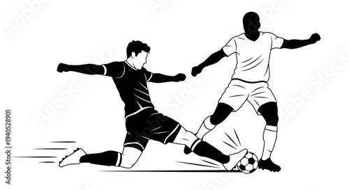 Dynamic scene of two male soccer players, one sliding to tackle the ball while the other attempts to evade, against an isolated white background.