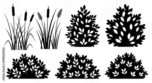 Assortment of cattail reeds and bush silhouettes for landscape design on an isolated white background.