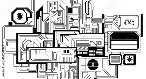Abstract technology background with circuit board elements and complex electronic components in a high-tech design.