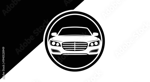 Automotive car logo design with a front view vehicle in a circular frame against a modern black and white background.