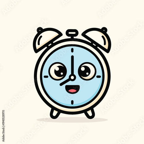 A cartoon alarm clock with a cheerful expression and a light blue face. It features a smile, big eyes, and bell-shaped elements