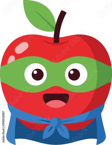 Cute ninja apple superhero in green mask and blue cape
