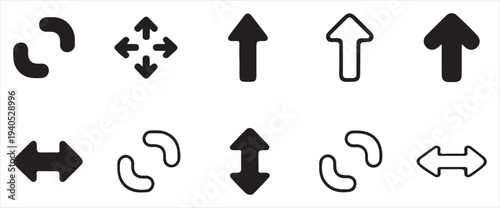 Set of simple black solid directional arrows for navigation and interface design. vector illustration eps 10