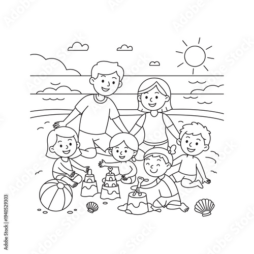 A family enjoying a summer beach day vector illustration.