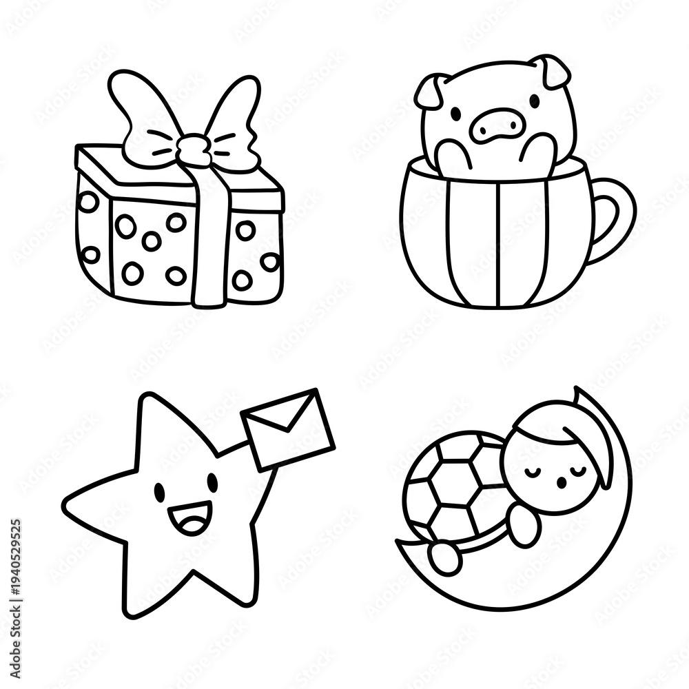 Fototapeta premium Delightful Collection of Hand-Drawn Cartoon Icons Featuring a Gift, Pig in Cup, Star with Letter, and Sleeping Baby on Moon