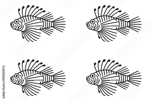 Minimalist black and white line art illustration featuring four identical lionfish, all facing the right side, arranged neatly on a clean white background.