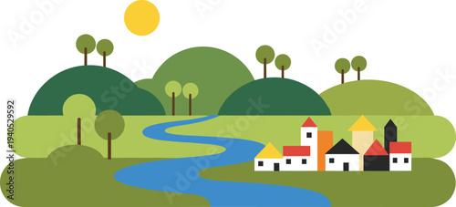 Serene village landscape with winding river and green hills