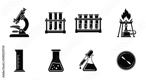 Scientific research icons including a microscope beakers and bunsen burner