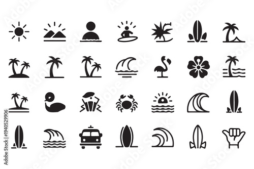 Comprehensive Summer and Beach Vacation Icon Set Featuring Surfboards, Palm Trees, Waves, and Tropical Elements