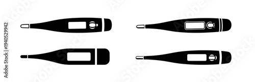 Set of black digital thermometer silhouettes for precise body temperature measurement. Essential health monitoring tools depicting medical diagnostics and wellness