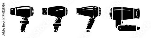 Black silhouette icons of various hair dryer models, ideal for beauty, salon, and personal care graphic designs, showcasing modern electric styling tools