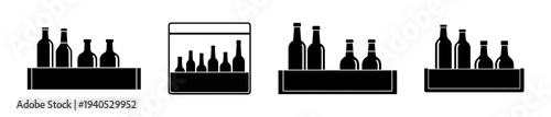 Four shelves displaying different sizes of bottles, arranged neatly for presentation and display