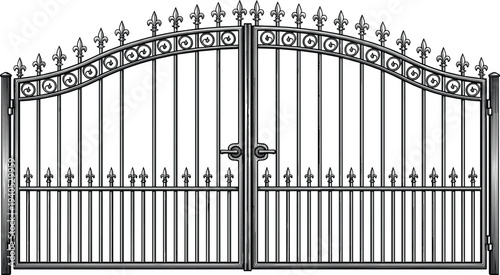 Ornate Wrought Iron Garden Gate Vector Illustration, Classic Decorative Metal Entrance with Fleur de Lis Finials, CAD Drawing Flat Sketch