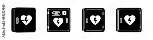 Graphic representation of essential medical devices a series of automated external defibrillator (AED) icons, crucial for life support and emergency cardiac care