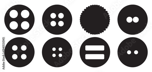 Assorted black sewing buttons, fancy scalloped and round clothing fasteners. vector illustration eps 10