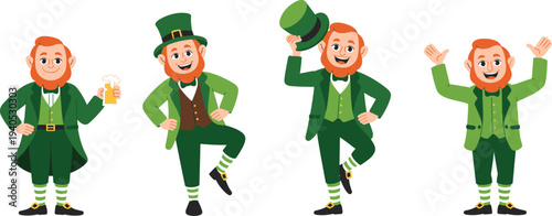 St Patricks Day leprechaun character set, featuring various poses with green suit and gold beer mug