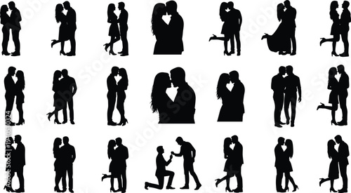 Romantic Couple Silhouette Set, Lovers Hugging and Kissing Moments, Marriage Proposal Scene, CAD Drawing Flat Vector Illustration Technical Outline Sketch