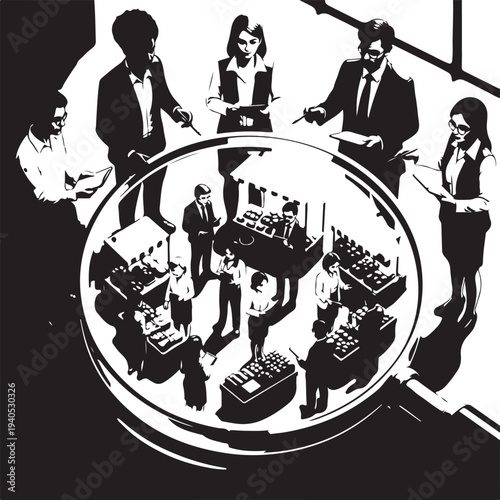 Business meeting under a magnifying glass with people examining charts analysis examination d