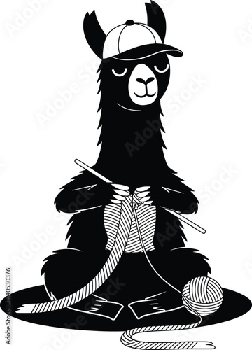 Black llama wearing baseball cap knitting with yarn and needles white