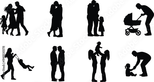 Family and Couple Life Moments Silhouette Set, Romantic Partners and Parents with Children Outlines, CAD Drawing Flat Vector Illustration Sketch