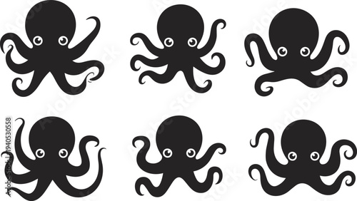Set of cute octopus silhouettes sea animal vector icons cartoon marine creature collection underwater wildlife illustration isolated on light background