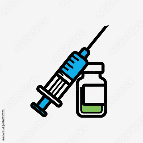 Medical Syringe and Vaccine Vial Icon: Healthcare, Medicine, Vaccination, Injection Symbol