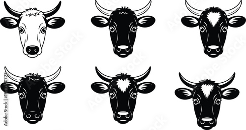 Set of six cow head silhouettes black and white cattle face vector icons farm animal mascot collection dairy livestock illustration isolated on light background