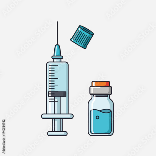 Medical Syringe and Vial with Blue Liquid - Vaccination and Healthcare Concept
