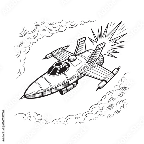 A detailed black and white illustration depicts a spaceship in flight amidst swirling clouds and explosive energy