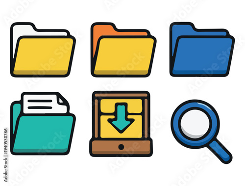 Digital File Management and Folder Icons, Productivity icons featuring various colored folders, a file document, a download box, and a magnifying glass search tool