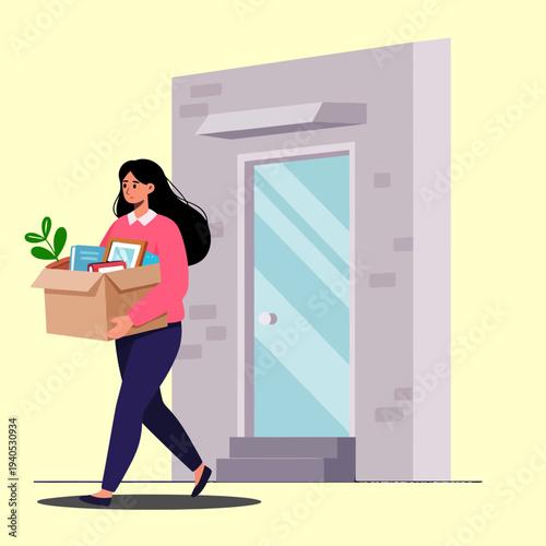 Young woman with long dark hair carrying a moving box filled with books, a plant, and a framed picture.
