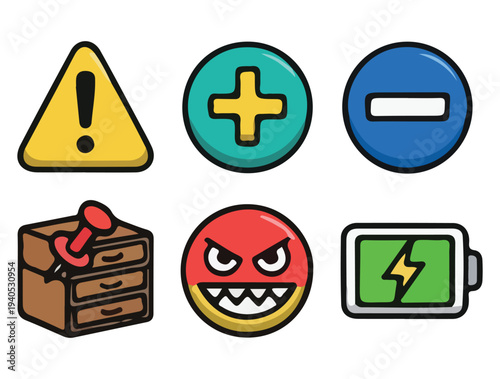 System Notification and UI Status Icons, Bold interface icons including a warning triangle, plus and minus signs, filing cabinet, angry face, and battery level