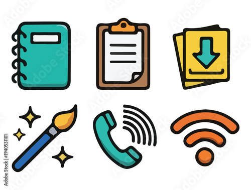 Office Productivity and Digital Connectivity Icons, Flat line icons including a notebook, clipboard, download, paintbrush, telephone, and wifi signal symbols