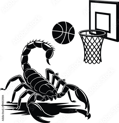 Black scorpion shooting basketball into hoop white