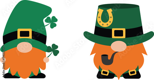 Cute St Patricks Day leprechaun gnomes with green hats and clover leaves