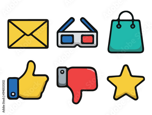 Multimedia Web and User Feedback Icons, Vector set featuring an envelope, 3D glasses, shopping bag, thumbs up, thumbs down, and rating star icons