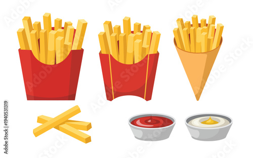 French fries potato sticks, served in paper cones with ketchup, mayonnaise, and mustard sauces, fast food snack vector illustration isolated on white background