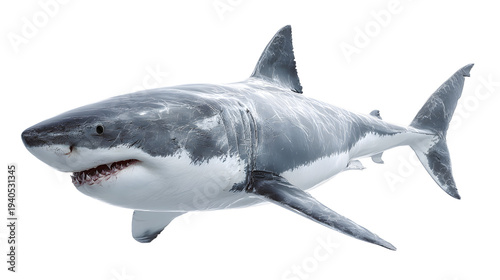 Ultra realistic HD shark streamlined body teeth visible, isolated on white background