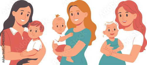 Mother with young children in a colorful vector, mother's day icon