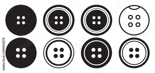 Black sewing buttons with borders, classic four hole garment fasteners. vector illustration eps 10