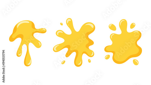 Yellow melting cheese, liquid drops, splatter splash vector illustration element for food decoration, sauce drip design isolated on white background
