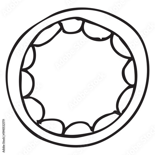 Hand drawn vector graphic of a decorative frame with an empty circular space for text. The frame features a simple, outlined design with rounded edges.