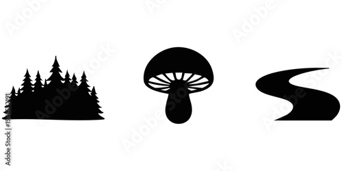 SEO Optimized Title:
Woodland Forest Silhouette Set: Dense Evergreen Pine Tree Line, Wild Mushroom Fungus, and Winding Nature Trail Icons