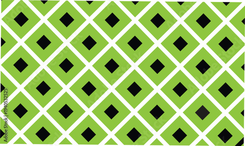 Green diamond pattern background featuring geometric shapes with black center squares on transparent grid creating repetitive seamless style for modern design projects